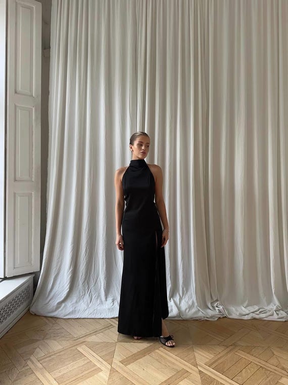 womens backless maxi dress Black Silk Dress, Evening Dress, Halter Neck Long Dress, Elegant Open Back Women WHITE FLORAL MAXI Dress, wedding gown A structured boat neckline Color:Ivory