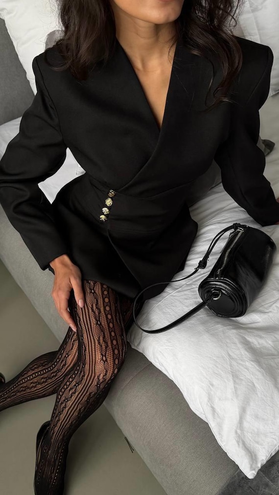 Black Blazer Mini Dress | Elegant Tailored Jacket Dress for Women | Chic Evening Party Outfit