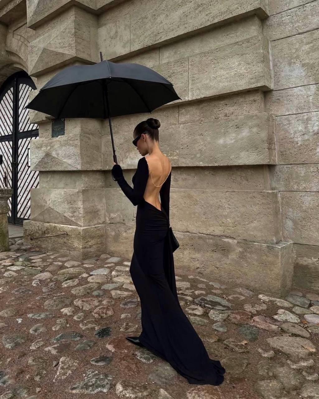 black backless dress with chains Versace Black Dress With Gold Chains Long Chain Necklace Black Dress Black  Dress With Gold Necklace