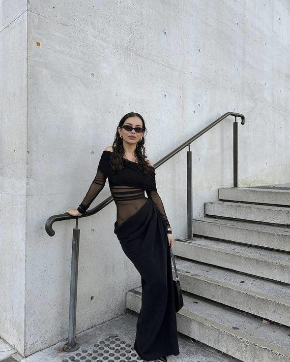 black off the shoulder dress with mesh sleeves Black Off Shoulder Maxi Dress | Sheer Mesh Evening Gown | Elegant Bodycon Formal Dress