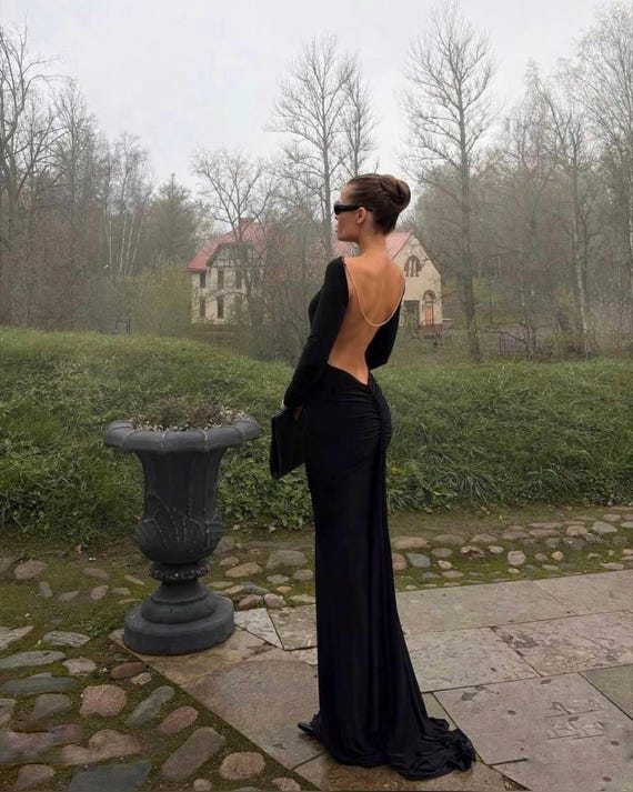 black open back bodycon dress Maxi with Chain, Elegant Evening Dress, Backless Long Dress, Microdiving Gown Product ID:AP1D106117_AD411_M Erin Clare Bridal | Set:Costume + Wig + Hairband or no bra