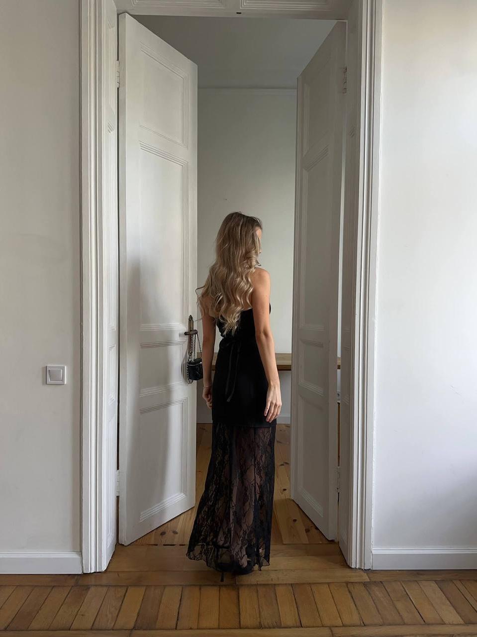 satin black prom dress Spaghetti Straps Satin Black Prom Dress Evening Gown With Slit PSK553 US6 / Black main image 1