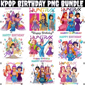 Könnte beinhalten: Eine Sammlung farbenfroher KPOP-Geburtstags-PNG-Grafiken. Jede Grafik zeigt stilisierte Illustrationen von Personengruppen, einige halten Geburtstagskuchen, mit dem Text "Happy Birthday" und "HUNTR/X". Die Bilder sind lebendig und für digitale Designprojekte geeignet.
