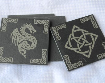 Celtic Knot Dragon Drink Coaster Set - Laser Engraved Slate