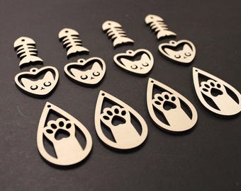 Wood Earring/Pendant Blank Set - Cats/Paws/Fishbone - Bulk Unfinished