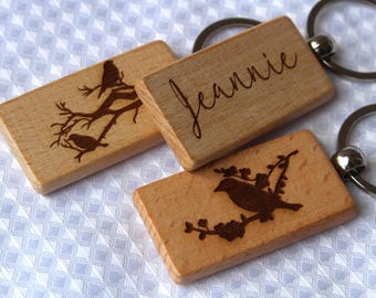 Bird Custom Name Keychain - Laser Engraved Wood