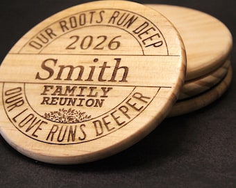 Personalized Family Reunion Engraved Wood Coasters - Custom Name and Year - Bulk Sets