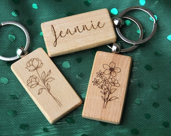Flower Custom Name Keychain - Laser Engraved Wood