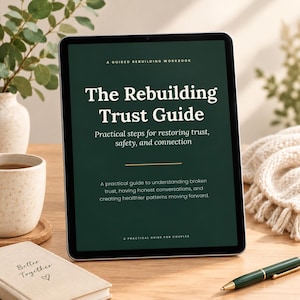 Könnte beinhalten: Ein digitales Tablet mit einem dunkelgrünen Cover mit dem Titel The Rebuilding Trust Guide, A Guided Rebuilding Workbook. Der Text enthält Practical steps for restoring trust, safety, and connection und A practical guide for couples.