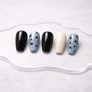 Könnte beinhalten: Fünf künstliche Fingernägel in einer Reihe. Zwei sind schwarz, einer hellblau mit schwarzen Punkten, einer cremefarben und der letzte hellblau mit schwarzen Punkten. Die Nägel sind glänzend und haben eine abgerundete Form.