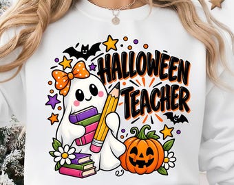 Halloween Teacher Ghost PNG | Books, Pencil, Pumpkin Design (Digital File)