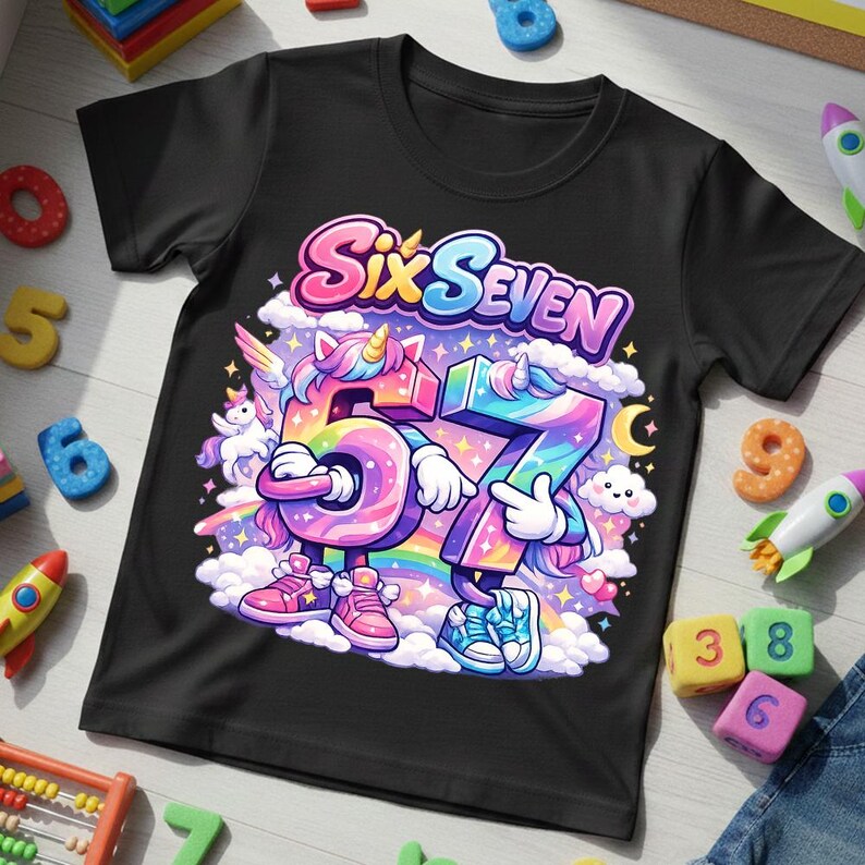 May include: Black t-shirt with a colorful graphic featuring the words "Six Seven" above the numbers 6 and 7, designed as cartoon characters with unicorn horns, rainbows, and clouds. The shirt is surrounded by colorful toy numbers and rockets.