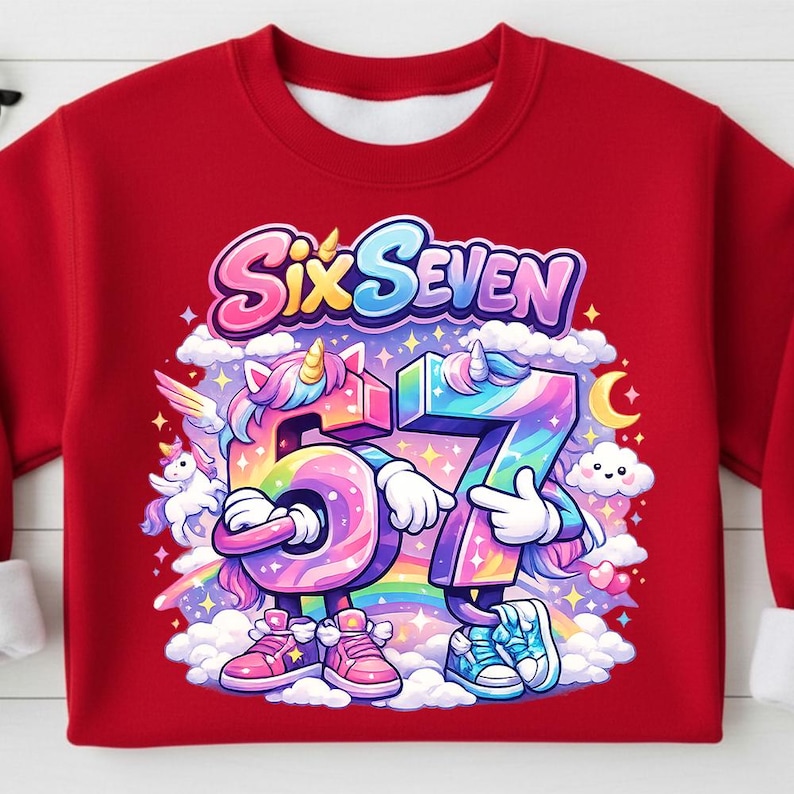 May include: Red sweatshirt featuring a colorful graphic of the numbers "6" and "7" as cartoon unicorns, with the text "Six Seven" above. The design includes a rainbow, clouds, and a crescent moon.