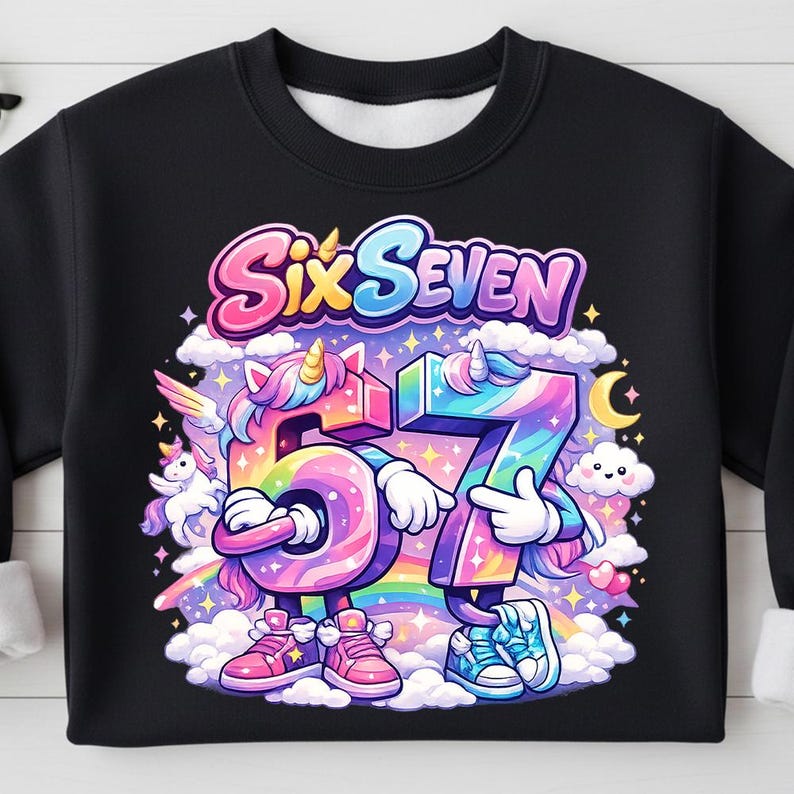 May include: Black sweatshirt with a colorful graphic featuring the words "Six Seven" above the numbers 6 and 7, designed as cartoon unicorns. The numbers are rainbow-colored, with clouds, a rainbow, and a crescent moon.