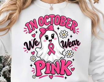 Pink Ribbon Halloween PNG | Breast Cancer Awareness PNG | Cute Ghost PNG | Halloween Awareness Shirt Design | Pink Halloween Clipart
