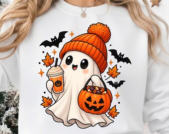 Cute Halloween Ghost PNG | Kawaii Ghost Clipart | Pumpkin Halloween PNG | Fall Ghost Sublimation Design | Spooky Season Digital Art