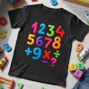 May include: Black t-shirt with colorful numbers and math symbols. The numbers 1 through 9 are displayed in various colors, along with addition, multiplication, division, subtraction, and a question mark. The shirt is likely for children.