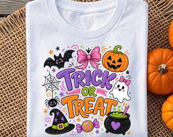 Trick Or Treat PNG, Cute Halloween PNG, Ghost Pumpkin Bat Design, Witch Hat Clipart, Spooky Sublimation PNG, Printable Digital Download