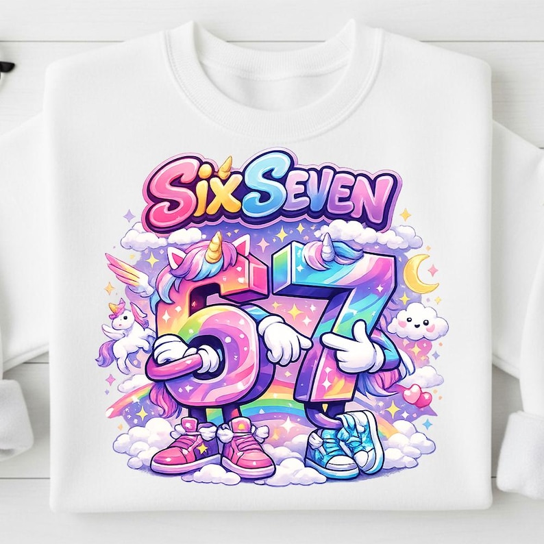 May include: White sweatshirt featuring a colorful graphic with the words "Six Seven" above the numbers 6 and 7, designed as cartoon unicorns. The design includes rainbows, clouds, and stars, creating a whimsical and celebratory theme.