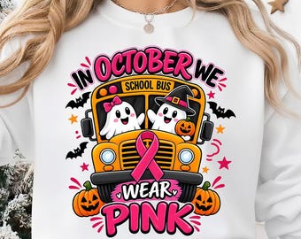 Breast Cancer Awareness PNG | Halloween Teacher PNG | Pink Ribbon School Bus Clipart | October Pink Shirt Design | Teacher Sublimation