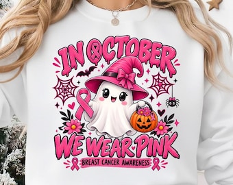 Breast Cancer Awareness PNG | We Wear Pink Design | October Shirt PNG | Pink Ribbon Sublimation | Halloween Awareness Design