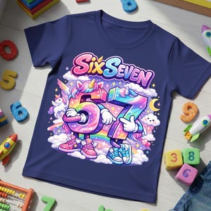 May include: Navy blue t-shirt with a colorful graphic featuring the words "Six Seven" above the numbers 6 and 7, each designed as a unicorn. The numbers are rainbow-colored and wearing sneakers. The design includes clouds, a rainbow, and a crescent moon.