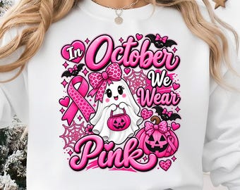 In October We Wear Pink PNG | Breast Cancer Awareness PNG | Pink Halloween Ghost PNG | October Pink Ribbon Design | Spooky Season