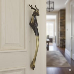 Könnte beinhalten: Ein Türgriff in Bronzetönen mit einem Hirschkopf-Design. Der Griff verläuft nach unten und wechselt von Dunkelbraun zu einem helleren, goldenen Farbton. Das Geweih und der Kopf des Hirsches sind detailliert, was der Türbeschlag einen rustikalen Touch verleiht.
