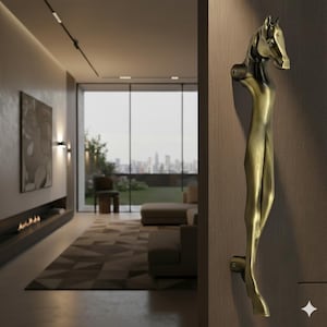 以下が含まれることがあります： 馬の形をしたブロンズ色のドアハンドル。ハンドルは木製のドアに取り付けられており、上部に詳細な馬の頭があります。ハンドルのデザインは芸術的でエレガントです。