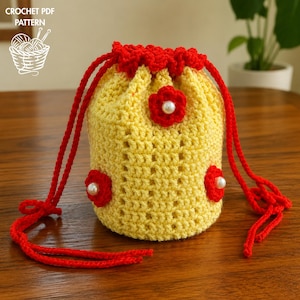 Sunshine Flower Crochet Bag Pattern Drawstring Potli Bag Pattern Floral Crochet Pouch PDF DIY Handmade Gift Easy Crochet Pattern.