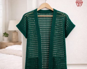Mesh Crochet Cardigan Pattern PDF, Easy Sommer Boho Häkeljacke, leichte Häkelanleitung für Pullover Frauen XS-5XL, digitaler Download.
