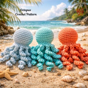 May include: Three crocheted octopus toys in light blue, teal, and orange, resting on a sandy beach with seashells and a starfish. The text "Octopus Crochet Pattern" is visible. The background shows a tropical beach scene with palm trees and ocean.