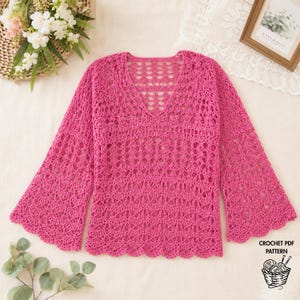 Pink Blossom Crochet Lace Top Pattern PDF, Boho Crochet Sweater Pattern, Women’s Lace Pullover, Lightweight Summer Crochet Top.