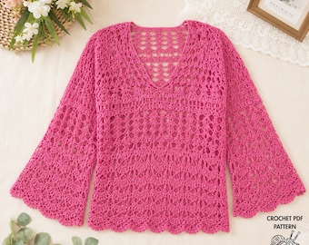 Pink Blossom Crochet Lace Top Pattern PDF, Boho Crochet Sweater Pattern, Women’s Lace Pullover, Lightweight Summer Crochet Top.