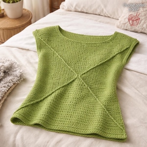 Modello per top all'uncinetto con motivo a foglie primaverili, blusa estiva da donna all'uncinetto, maglietta leggera in cotone, design moderno a punto X, download immediato in PDF.