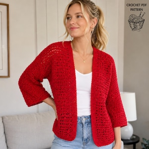 May include: A bright red open-front crochet cardigan featuring a textured, airy stitch pattern, three-quarter length sleeves, and a straight hemline. The image includes the text CROCHET PDF PATTERN with a graphic of a yarn basket.