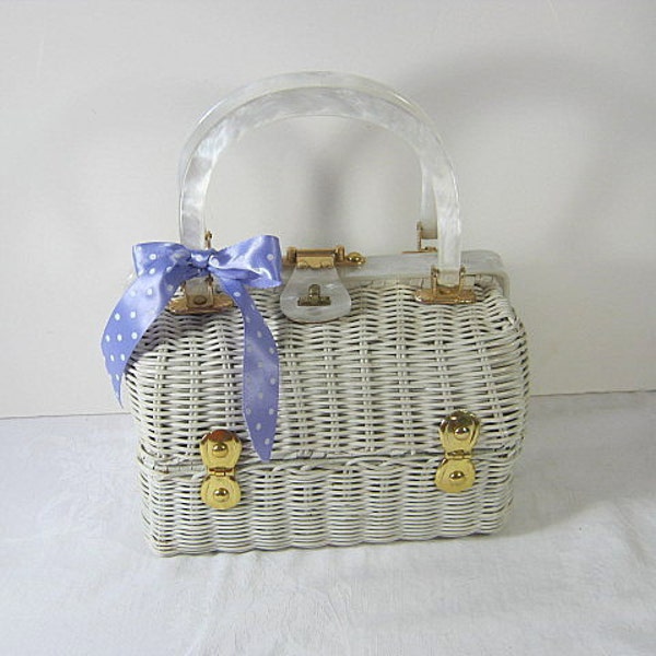 ReSERVED for LiSA   Vintage White WICKER & LUCITE BAG Purse Summer Handbag
