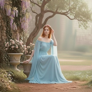 Peut inclure: Une femme porte une robe bleu clair à épaules dénudées avec des manches fluides et une couronne de fleurs. La scène comprend un mur de pierre avec des fleurs violettes suspendues, des roses roses en pot et un grand arbre en arrière-plan.