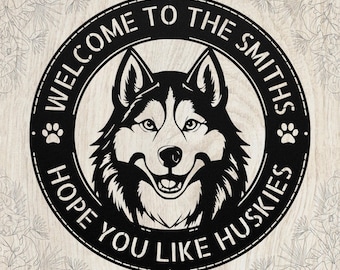 Letrero metálico personalizado de perro husky: arte mural con nombre familiar personalizado, decoración de regalo de lobo de nieve
