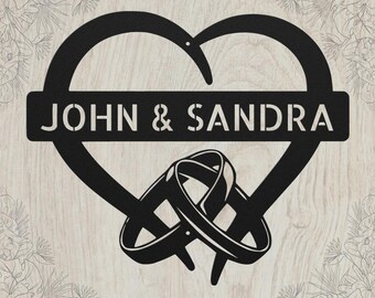 Personalized Heart with Rings Metal Sign - Custom Wedding Date Art - Romantic Anniversary Couples Gift