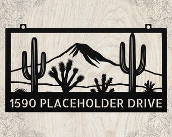 Letrero metálico personalizado del desierto: Cactus, árboles de Josué, decoración artística personalizada con dirección.