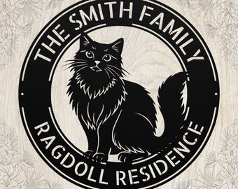 Letrero de metal personalizado con diseño de gato Ragdoll y nombre personalizado para decoración de pared de mascotas.