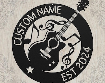 May include: A circular black metal wall sign featuring a central acoustic guitar silhouette surrounded by musical notes. The text CUSTOM NAME is arched along the top, while EST 2024 is positioned at the bottom, accompanied by a small five-pointed star.