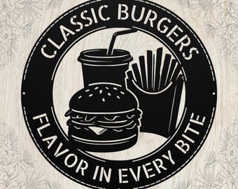 Letrero metálico de hamburguesa personalizado: arte mural personalizado para cocina, restaurante de comida rápida, decoración del hogar, regalo