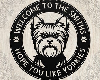 Letrero metálico personalizado de Yorkshire Terrier: Arte mural personalizado con el nombre de la familia, decoración de raza pequeña, regalo