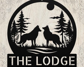 Letrero metálico personalizado de pareja de lobos: arte de pared personalizado, decoración de vida silvestre a la luz de la luna, regalo romántico