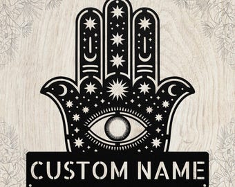 Letrero metálico personalizado con la mano de Fátima: Mano de Fátima, regalo espiritual para inauguración de la casa.