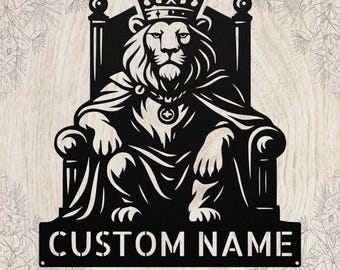 León personalizado con corona de metal, arte personalizado, nombre real, decoración de pared, regalo