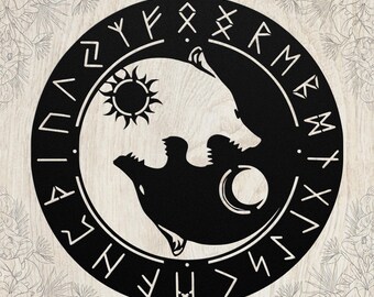 Viking Wolves Devour Sun and Moon Metal Art Sign, Personalized Nordic Wall Decor Gift