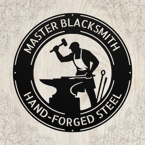 May include: Black metal sign with the words "MASTER BLACKSMITH HAND-FORGED STEEL" encircling a silhouette of a blacksmith working at an anvil. The background is a light wood grain pattern.
